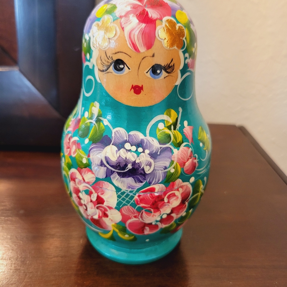 Floral Teal Nesting Dolls Set - Picture 2 of 6
